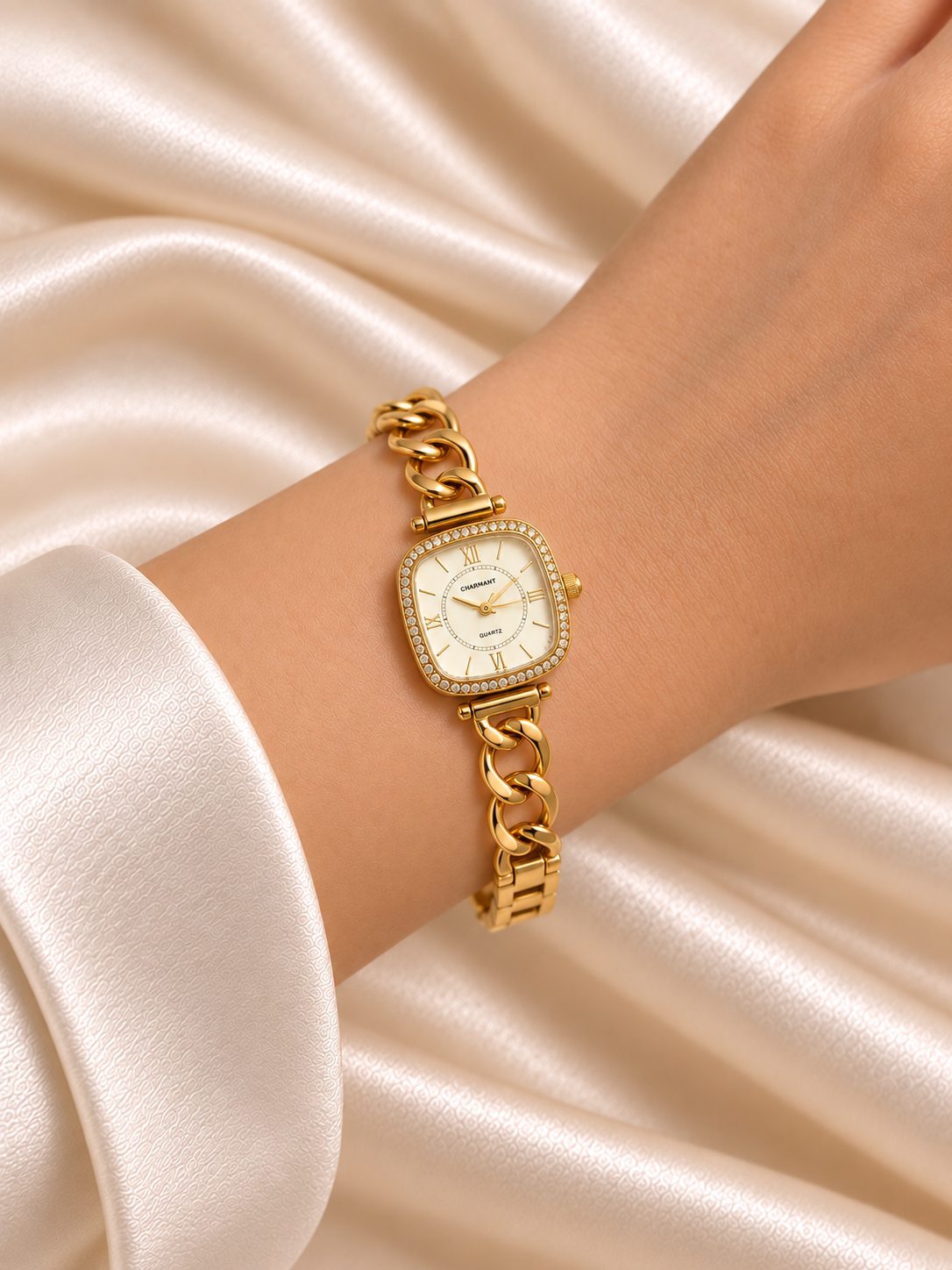 Bani Golden White Square Dial Chain Belt Women's Watch | Fynsia