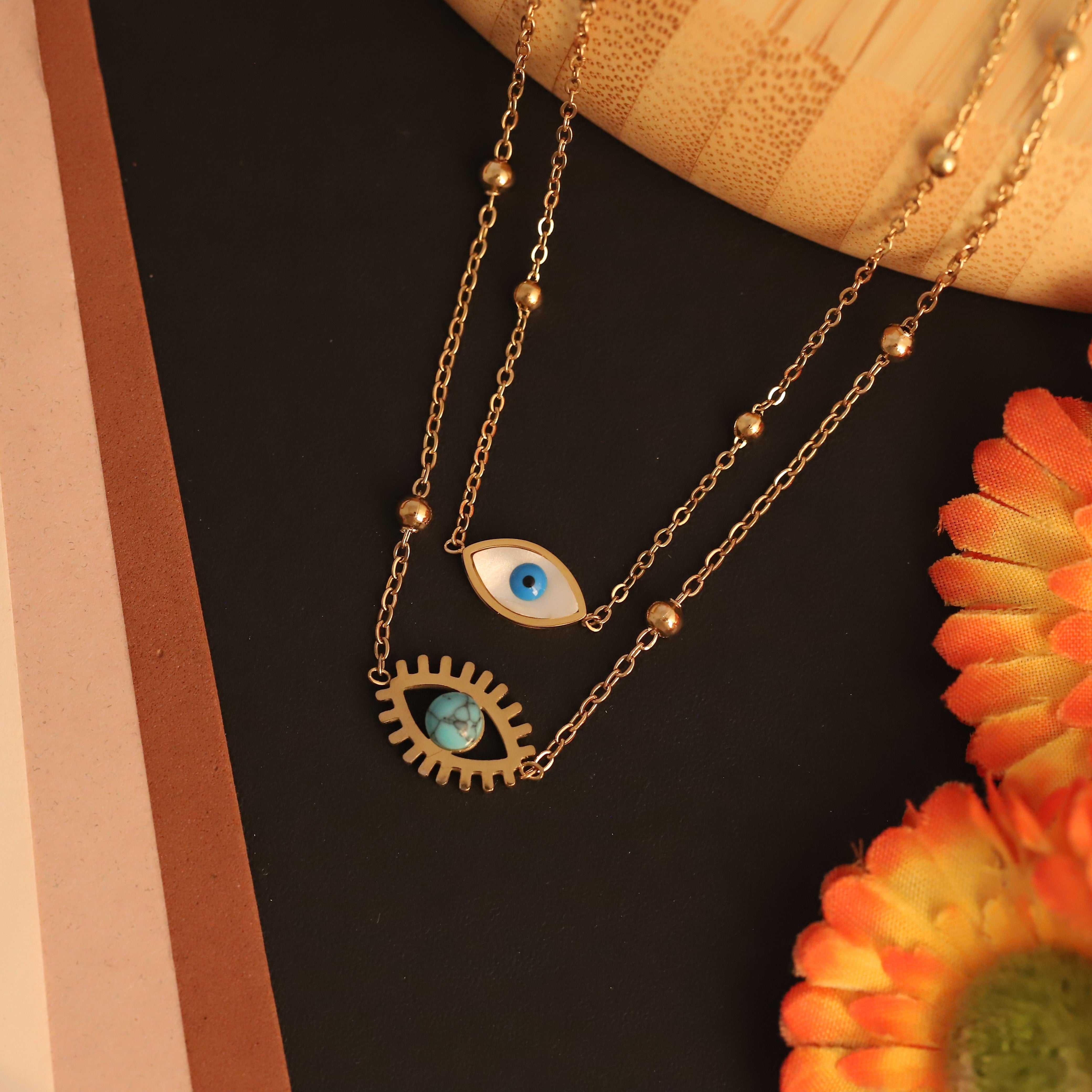 Evil Eye Layered Neckchain – 18K Gold Tone Stainless Steel | Fynsia