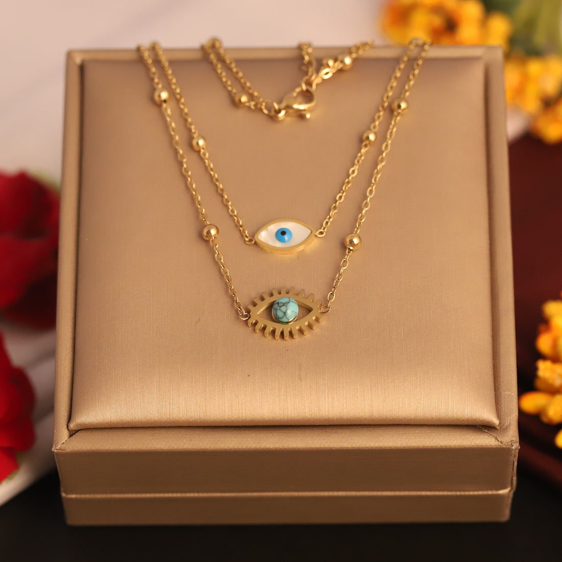 Evil Eye Layered Neckchain – 18K Gold Tone Stainless Steel | Fynsia