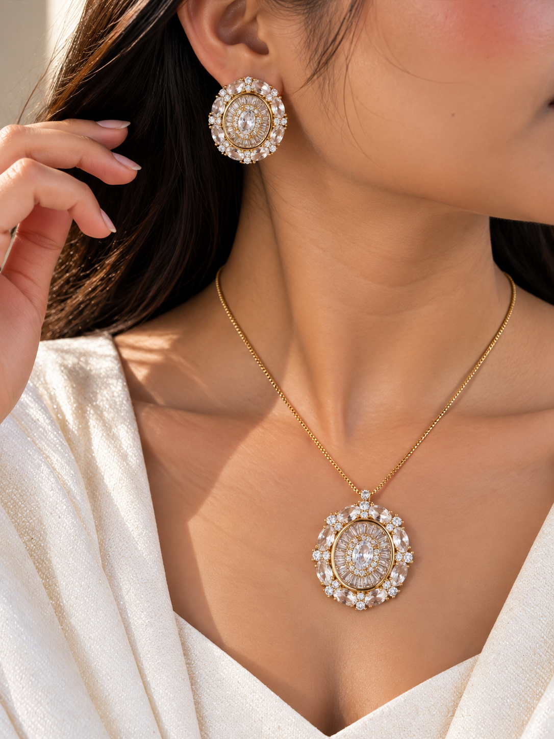 Tehsin Zirconia Diamond Golden Tone Pendant Chain Set With Earrings | Fynsia