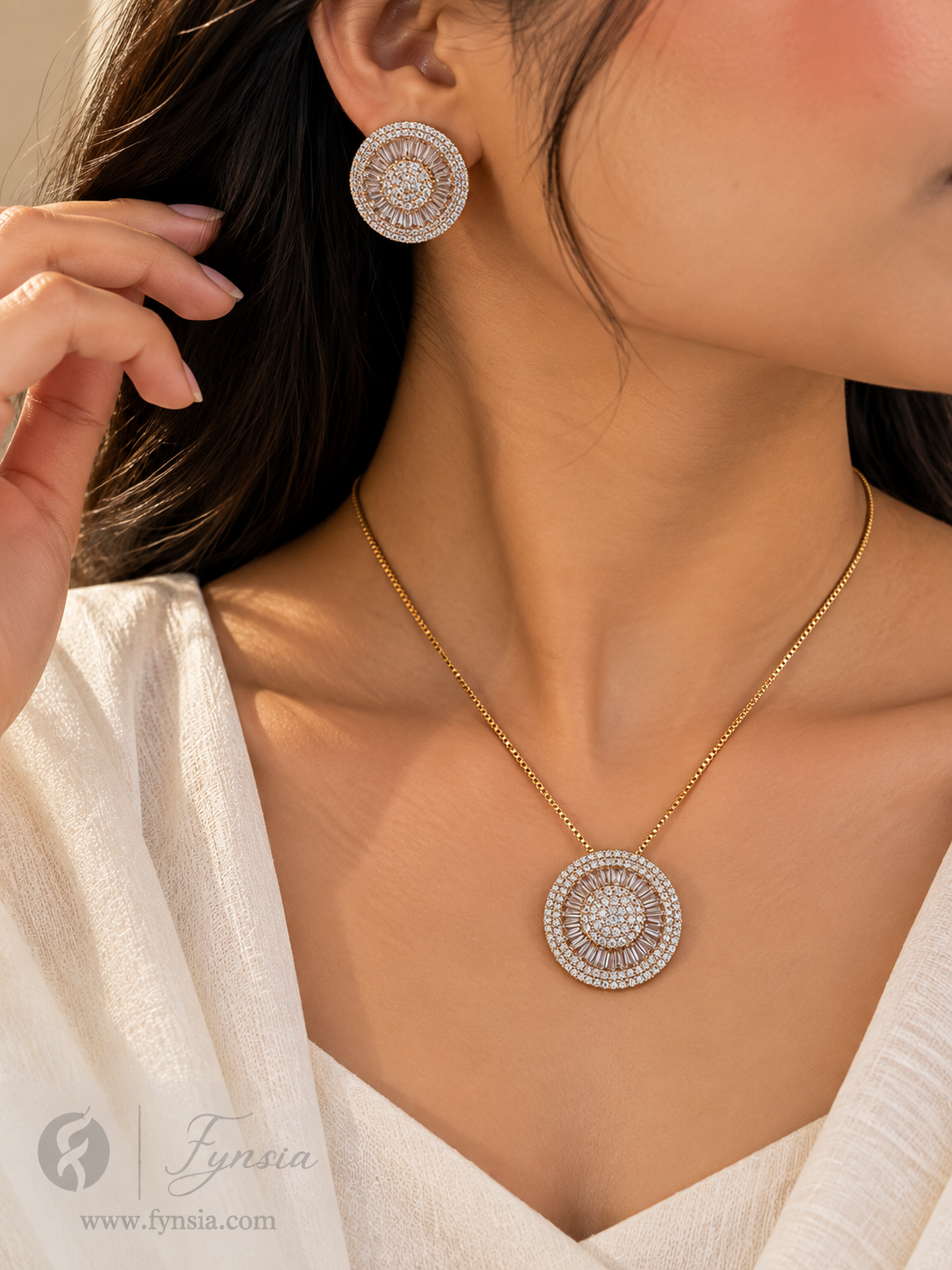 Maria Zirconia Diamond Golden Tone Pendant Chain Set With Earrings | Fynsia