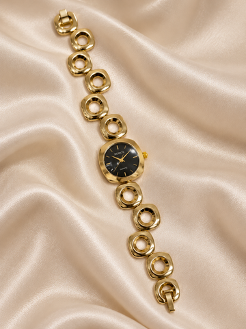 Emily Golden Black Square Dial Metal Belt Women's Watch | Fynsia