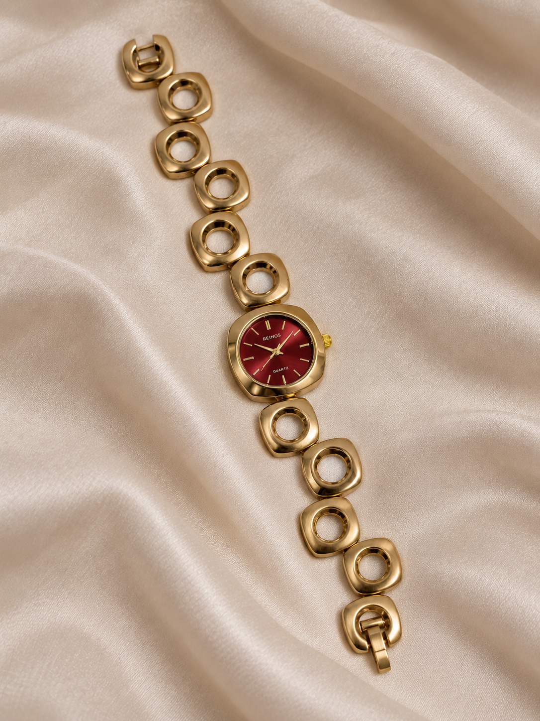 Sofia Golden Red Square Dial Metal Belt Women's Watch | Fynsia