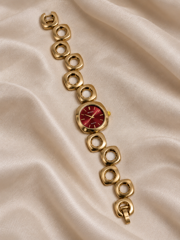 Sofia Golden Red Square Dial Metal Belt Women's Watch | Fynsia