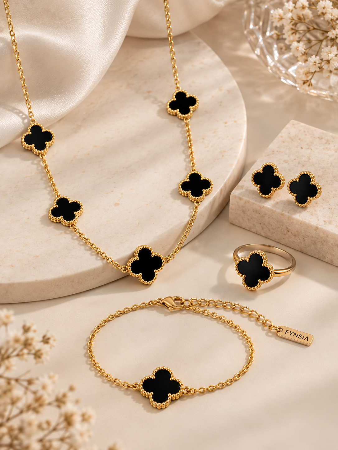 Midnight Clover Stainless Steel Combo | Necklace - Bracelet - Studs -  Ring | Anti Tarnish Jewelry | Fynsia