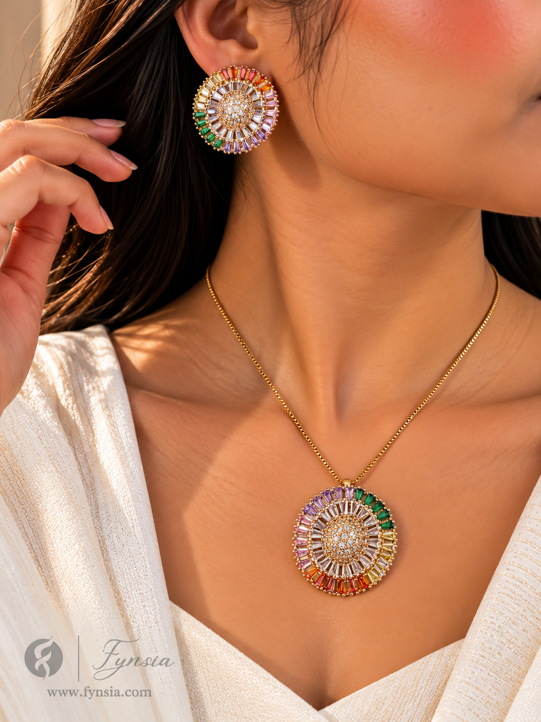 Zahin Zirconia Diamond Golden Tone Pendant Chain Set With Earrings | Fynsia